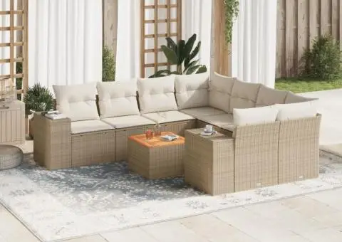 Set canapele de grădină, 9 piese, cu perne, bej, poliratan - 1/3