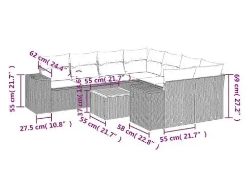 Set canapele de grădină, 9 piese, cu perne, bej, poliratan - 3/3
