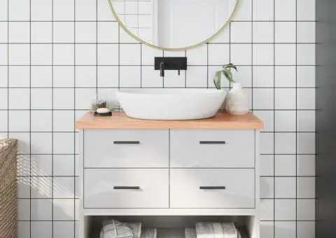 Blat de baie, maro deschis, 100x30x(2-4) cm, lemn masiv tratat - 1/5