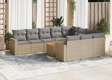 Set canapele de grădină cu perne, 11 piese, bej, poliratan - 1/3