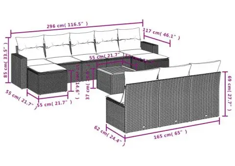 Set canapele de grădină cu perne, 11 piese, negru, poliratan - 3/3