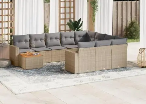 Set canapele de grădină cu perne, 11 piese, bej, poliratan - 1/3