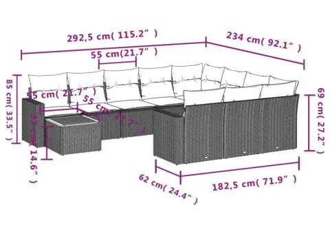 Set canapele de grădină cu perne, 11 piese, bej, poliratan - 3/3
