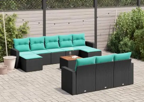 Set canapele de grădină cu perne, 11 piese, negru, poliratan - 1/3