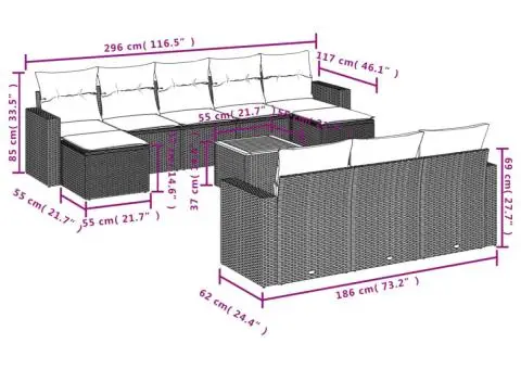 Set canapele de grădină cu perne, 11 piese, negru, poliratan - 3/3