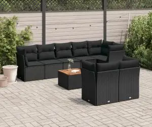 vidaXL Set mobilier de grădină cu perne, 9 piese, negru, poliratan