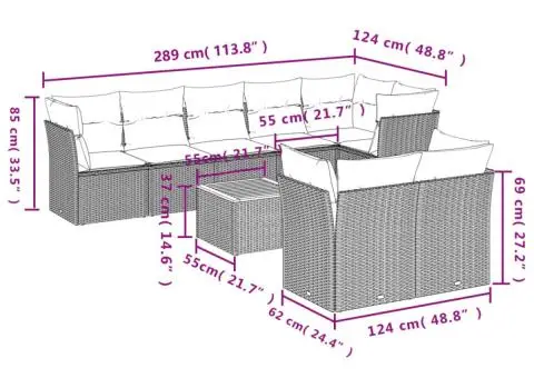 Set mobilier de grădină cu perne, 9 piese, negru, poliratan - 3/3