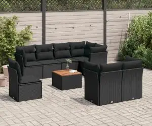 vidaXL Set mobilier de grădină cu perne, 9 piese, negru, poliratan