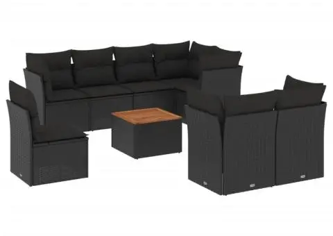 Set mobilier de grădină cu perne, 9 piese, negru, poliratan - 2/3
