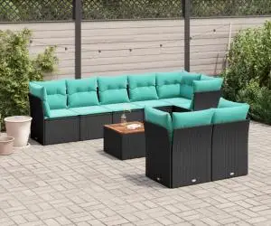 vidaXL Set mobilier de grădină cu perne, 9 piese, negru, poliratan