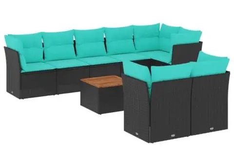 Set mobilier de grădină cu perne, 9 piese, negru, poliratan - 2/3