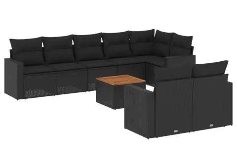 Set mobilier de grădină cu perne, 9 piese, negru, poliratan - 2/3