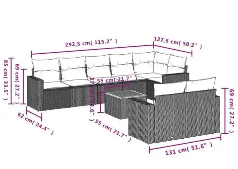 Set mobilier de grădină cu perne, 9 piese, negru, poliratan - 3/3