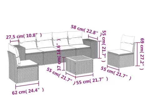 Set canapele de grădină cu perne, 7 piese, negru, poliratan - 3/3