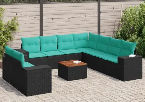 Set canapele de grădină cu perne, 10 piese, negru, poliratan - 1/3