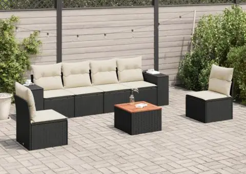 Set canapele de grădină cu perne, 7 piese, negru, poliratan - 1/3