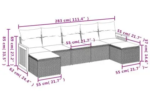 Set canapele de grădină cu perne, 7 piese, gri, poliratan - 3/3