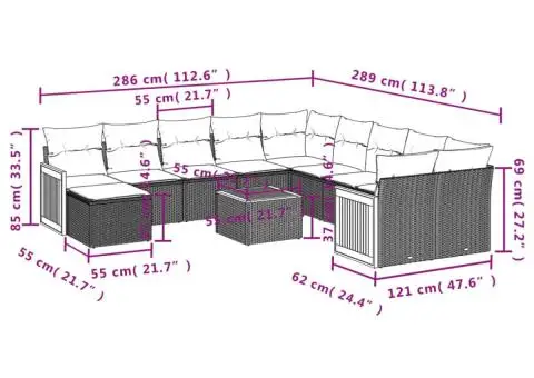 Set canapele de grădină, 12 piese, cu perne, negru, poliratan - 3/3