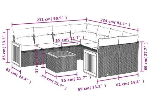 Set mobilier de grădină cu perne, 9 piese, negru, poliratan - 3/3