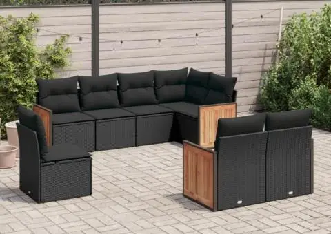 Set mobilier de grădină cu perne, 8 piese, negru, poliratan - 1/3