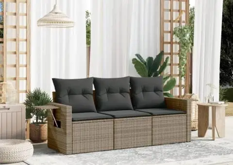 Set canapea de grădină cu perne, 3 piese, gri, poliratan - 1/3