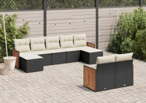 Set mobilier de grădină cu perne, 9 piese, negru, poliratan - 1/3