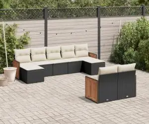 vidaXL Set mobilier de grădină cu perne, 9 piese, negru, poliratan