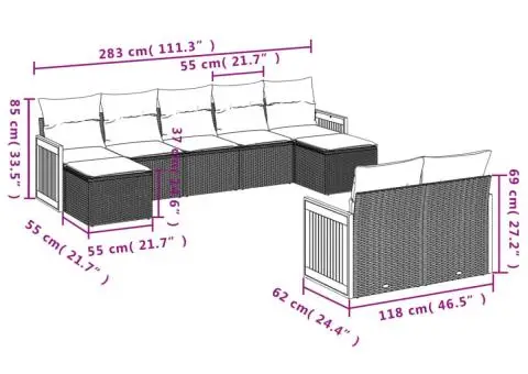 Set mobilier de grădină cu perne, 9 piese, negru, poliratan - 3/3
