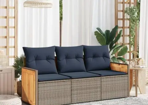 Set canapea de grădină cu perne, 3 piese, gri, poliratan - 1/3