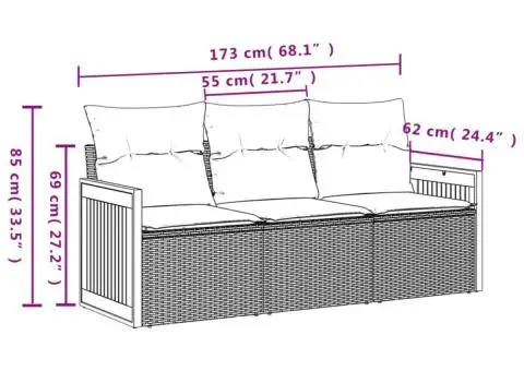 Set canapea de grădină cu perne, 3 piese, gri, poliratan - 3/3