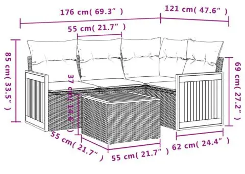 Set canapele de grădină cu perne, 5 piese, bej, poliratan - 3/3