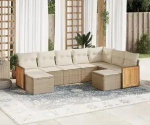 vidaXL Set canapele de grădină, 9 piese, cu perne, bej, poliratan