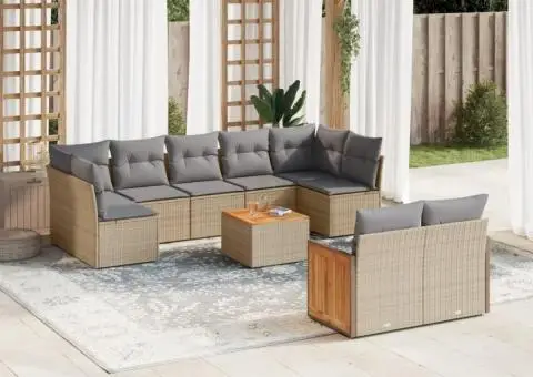 Set canapele de grădină cu perne, 10 piese, bej, poliratan - 1/3