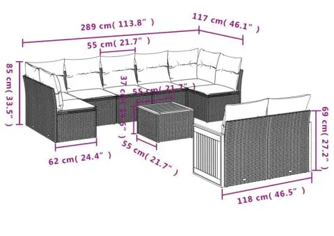 Set canapele de grădină cu perne, 10 piese, bej, poliratan - 3/3