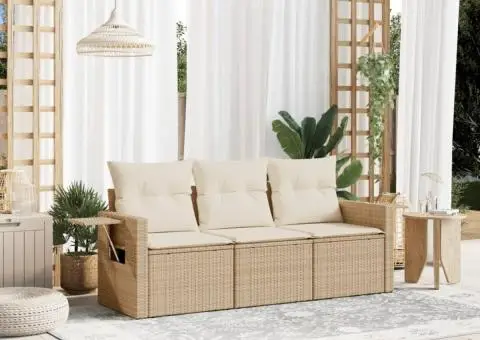 Set canapele de grădină, 3 piese, cu perne, bej, poliratan - 1/3