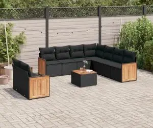 vidaXL Set canapele de grădină cu perne, 10 piese, negru, poliratan