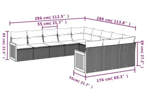 Set canapele de grădină cu perne, 11 piese, bej, poliratan - 3/3