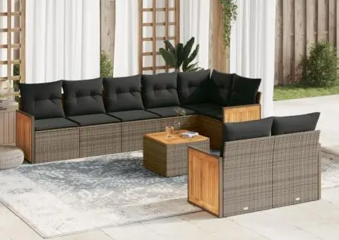 Set canapele de grădină, 9 piese, cu perne, gri, poliratan - 1/3