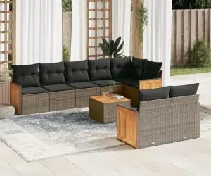 vidaXL Set canapele de grădină, 9 piese, cu perne, gri, poliratan