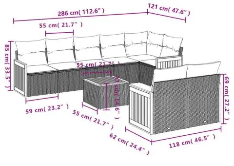Set canapele de grădină, 9 piese, cu perne, gri, poliratan - 3/3