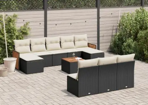 Set canapele de grădină cu perne, 11 piese, negru, poliratan - 1/3