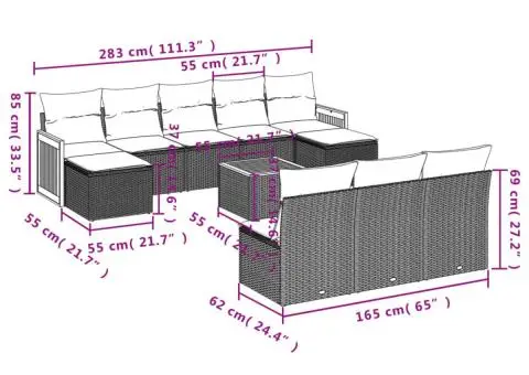 Set canapele de grădină cu perne, 11 piese, negru, poliratan - 3/3