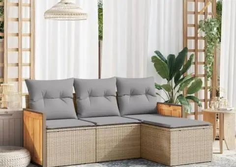 Set canapele de grădină, 4 piese, cu perne, bej, poliratan - 1/3