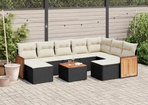 Set canapele de grădină cu perne, 10 piese, negru, poliratan - 1/3