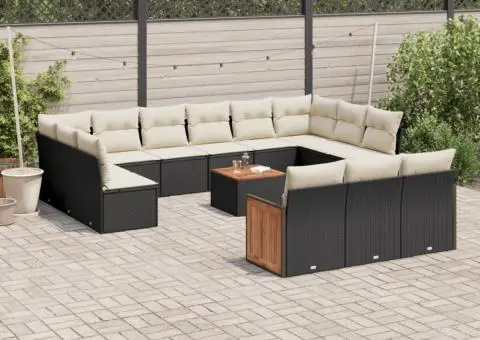 Set mobilier de grădină cu perne, 14 piese, negru, poliratan - 1/3