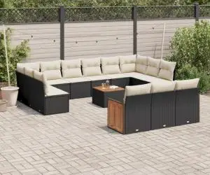vidaXL Set mobilier de grădină cu perne, 14 piese, negru, poliratan