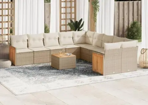 Set canapele de grădină cu perne, 11 piese, bej, poliratan - 1/3