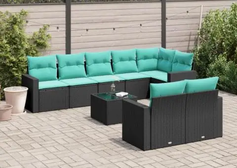 Set mobilier de grădină cu perne, 9 piese, negru, poliratan - 1/3