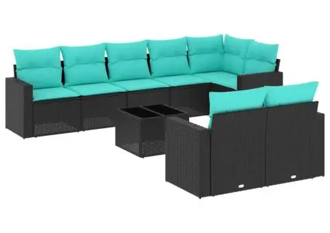 Set mobilier de grădină cu perne, 9 piese, negru, poliratan - 2/3
