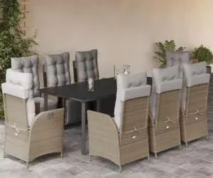 vidaXL Set de masă pentru grădină, 9 piese, cu perne, bej, poliratan
